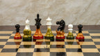 4” FIRE ROYAL KNIGHT STAUNTON TRIPLE WEIGHTED PAINTED CHESS PIECES, 21” EBONY BOARD & BOX