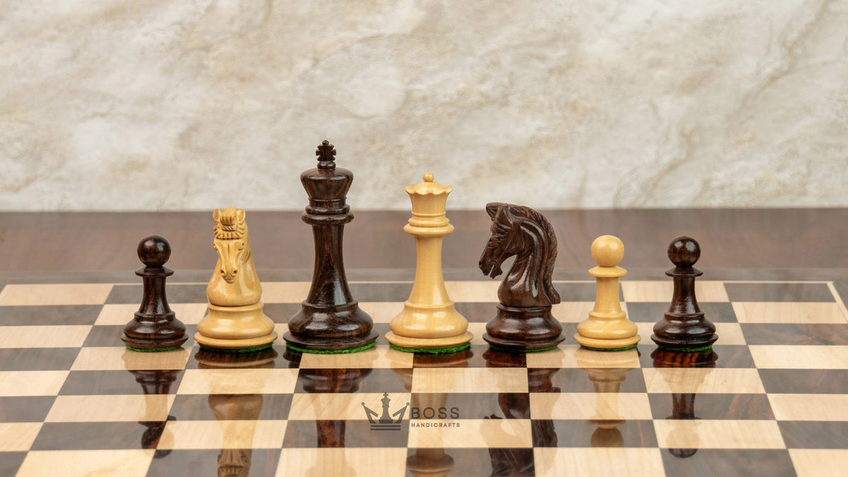3.1” REPRODUCED 2016 SINQUEFIELD STAUNTON WEIGHTED ROSEWOOD CHESS PIECES, 16” ROSEWOOD BOARD & BOX