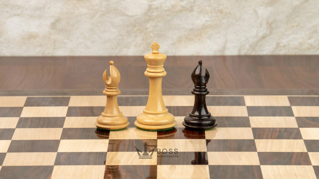 3.1” REPRODUCED 2016 SINQUEFIELD STAUNTON WEIGHTED ROSEWOOD CHESS PIECES, 16” ROSEWOOD BOARD & BOX