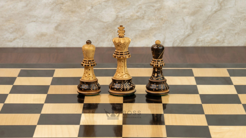 3.9” BURNT CARVED RUSSIAN ZAGREB 1959’ WEIGHTED CHESS PIECES, 21” EBONY CHESSBOARD & BOX