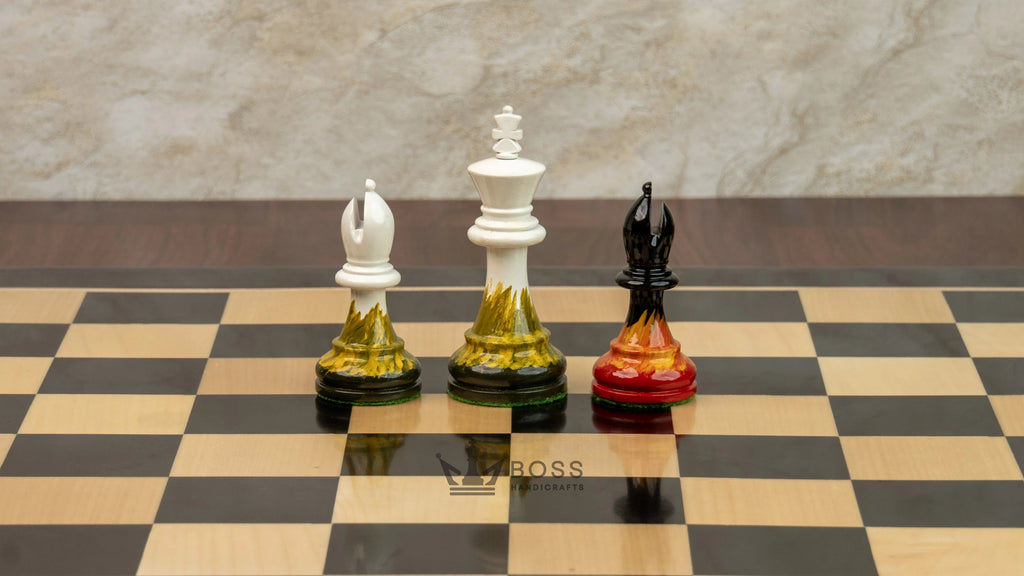 4” FIRE ROYAL KNIGHT STAUNTON TRIPLE WEIGHTED PAINTED CHESS PIECES, 21” EBONY BOARD & BOX