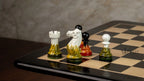 4” FIRE ROYAL KNIGHT STAUNTON TRIPLE WEIGHTED PAINTED CHESS PIECES, 21” EBONY BOARD & BOX