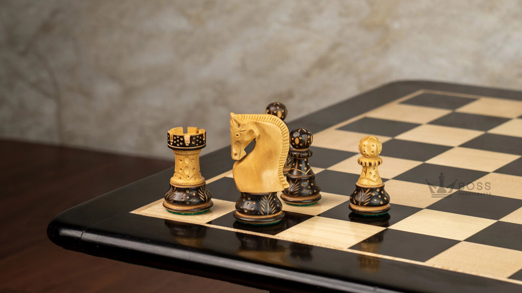 3.9” BURNT CARVED RUSSIAN ZAGREB 1959’ WEIGHTED CHESS PIECES, 21” EBONY CHESSBOARD & BOX
