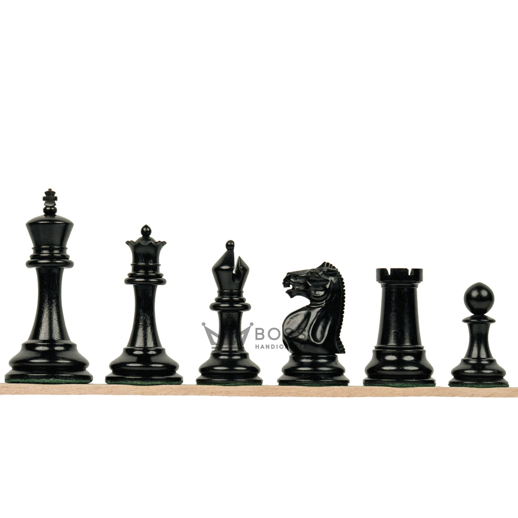 4.2” COMMEMORATE SERIES STAUNTON EBONY TRIPLE WEIGHTED CHESS PIECES, 21” EBONY CHESSBOARD & BOX