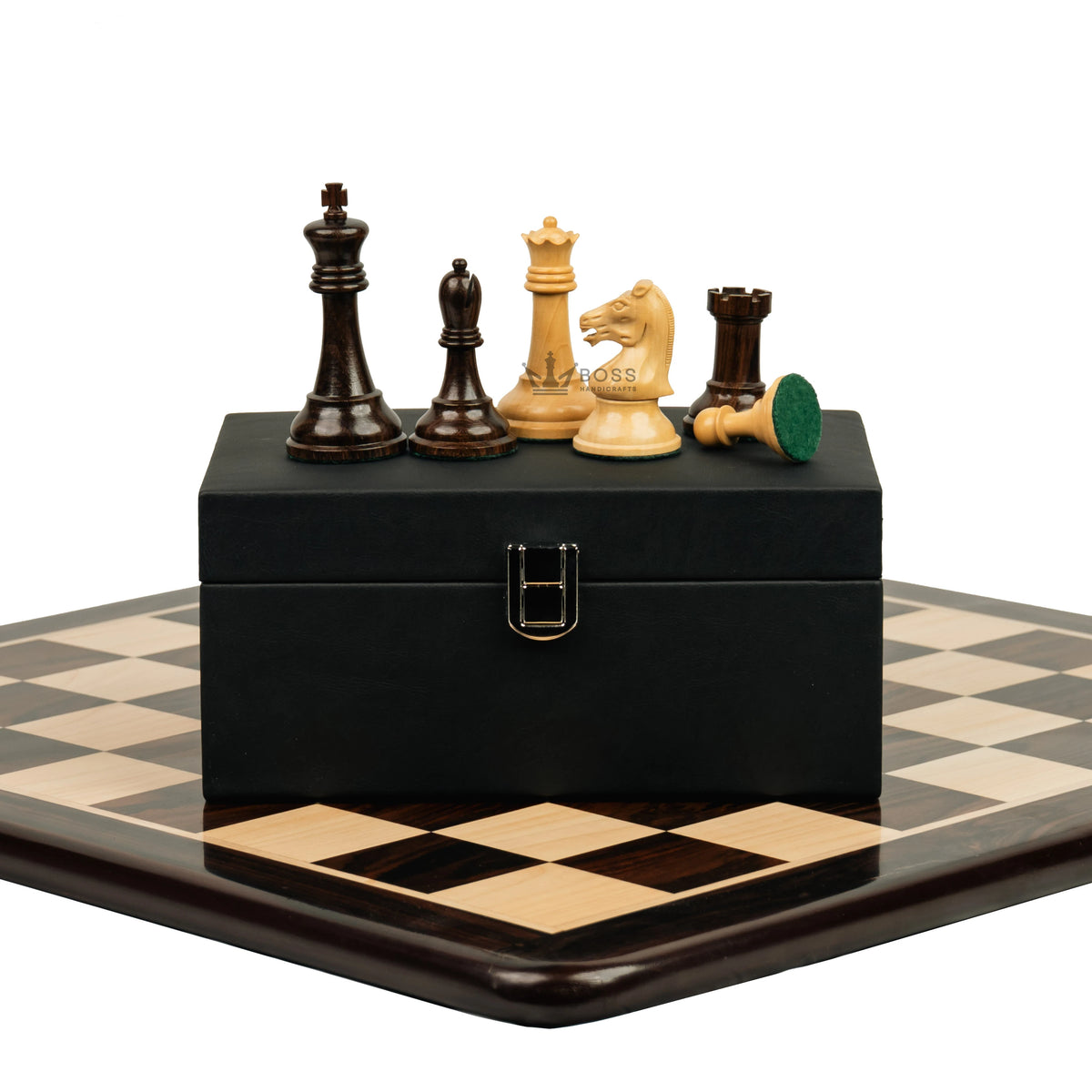 3.75” REPRODUCTION OF DRUEKE PLAYER CHOICE ROSEWOOD CHESS PIECES, 21” ROSEWOOD BOARD AND BOX