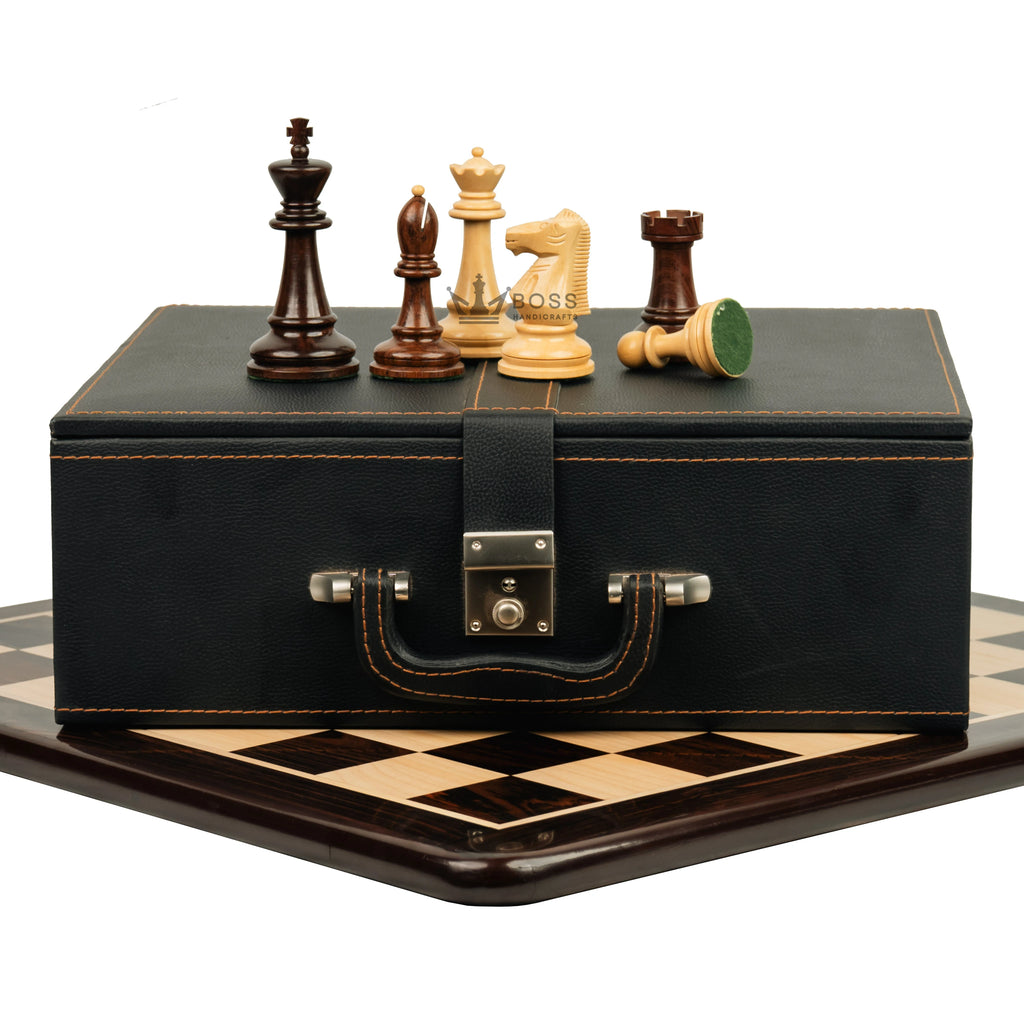 4.4” 1972 SKOPJE OLYMPIAD TRIPLE WEIGHTED ROSEWOOD CHESS PIECES, 21” ROSEWOOD CHESSBOARD & BOX