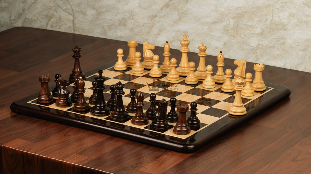 4.4” 1972 SKOPJE OLYMPIAD TRIPLE WEIGHTED ROSEWOOD CHESS PIECES, 21” ROSEWOOD CHESSBOARD & BOX