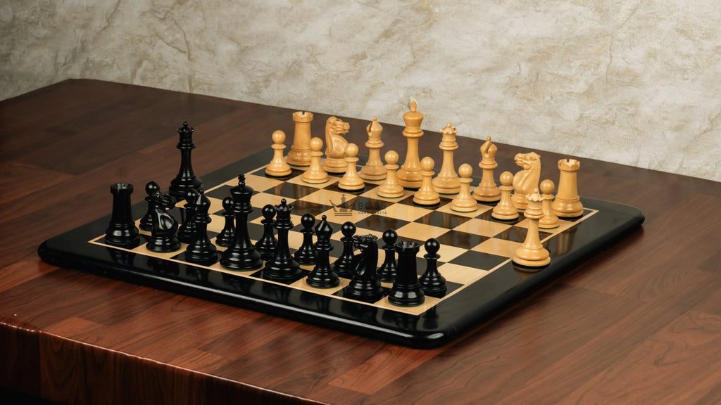 4.2” COMMEMORATE SERIES STAUNTON EBONY TRIPLE WEIGHTED CHESS PIECES, 21” EBONY CHESSBOARD & BOX
