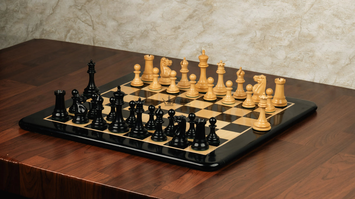 4.2” COMMEMORATE SERIES STAUNTON EBONY TRIPLE WEIGHTED CHESS PIECES, 21” EBONY CHESSBOARD & BOX