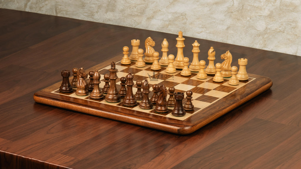 3.5” FIERCE KNIGHT STAUNTON WEIGHTED WOODEN CHESS PIECES, 16” WOODEN CHESS & BOX