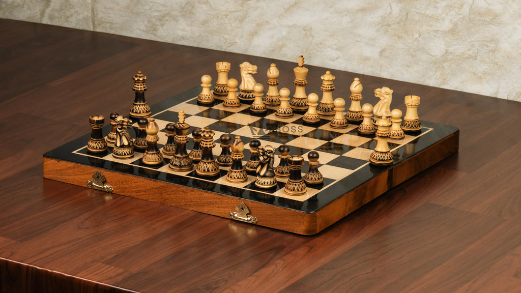 16” LUXURY EBONY TRAVEL FOLDABLE MAGNETIC CHESS SET WITH BURNT CHESS PIECES