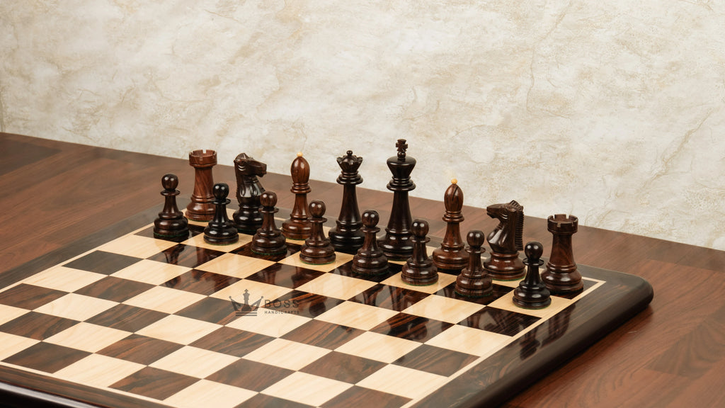 4.4” 1972 SKOPJE OLYMPIAD TRIPLE WEIGHTED ROSEWOOD CHESS PIECES, 21” ROSEWOOD CHESSBOARD & BOX