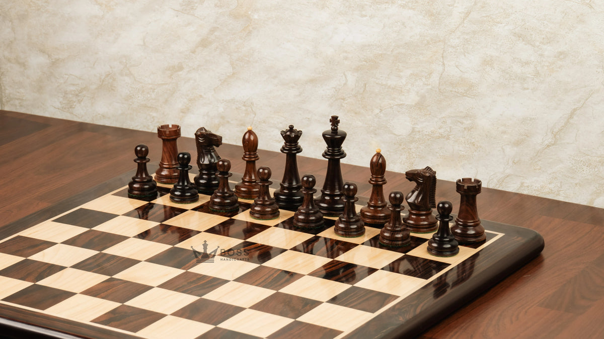 4.4” 1972 SKOPJE OLYMPIAD TRIPLE WEIGHTED ROSEWOOD CHESS PIECES, 21” ROSEWOOD CHESSBOARD & BOX