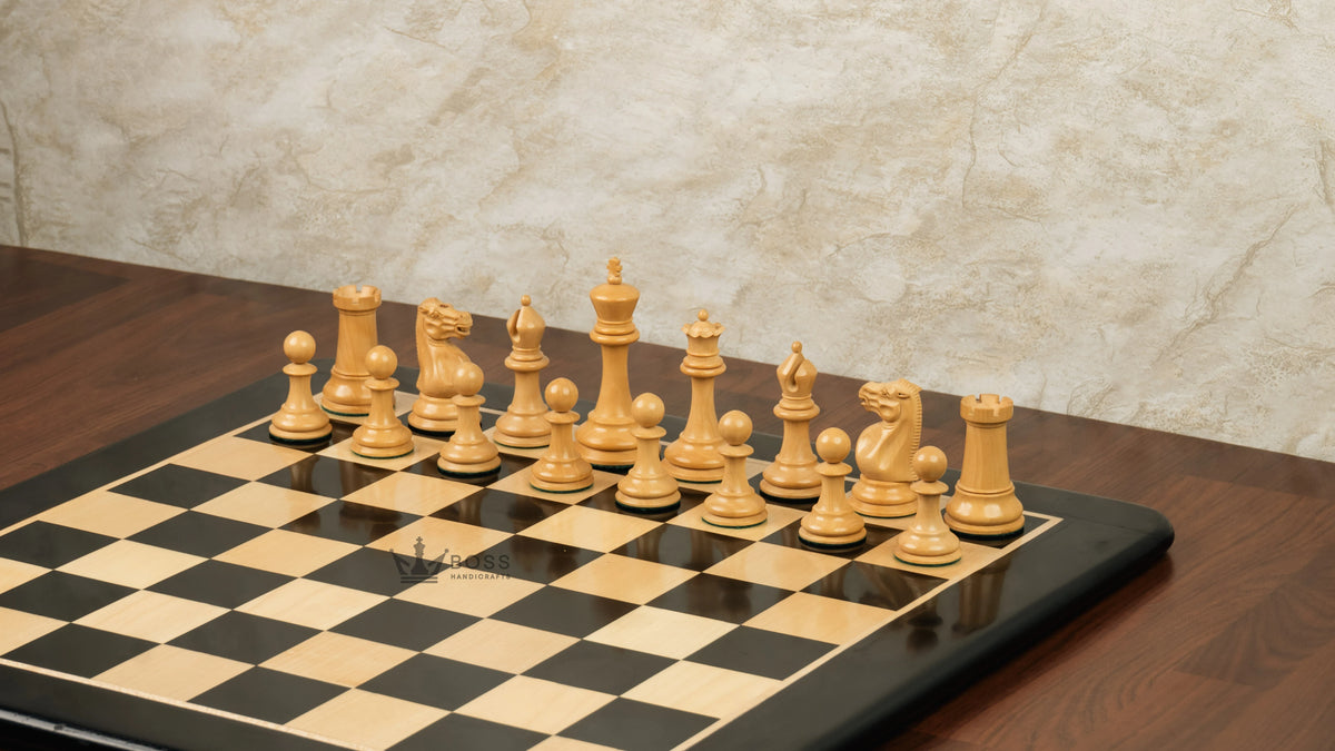 4.2” COMMEMORATE SERIES STAUNTON EBONY TRIPLE WEIGHTED CHESS PIECES, 21” EBONY CHESSBOARD & BOX
