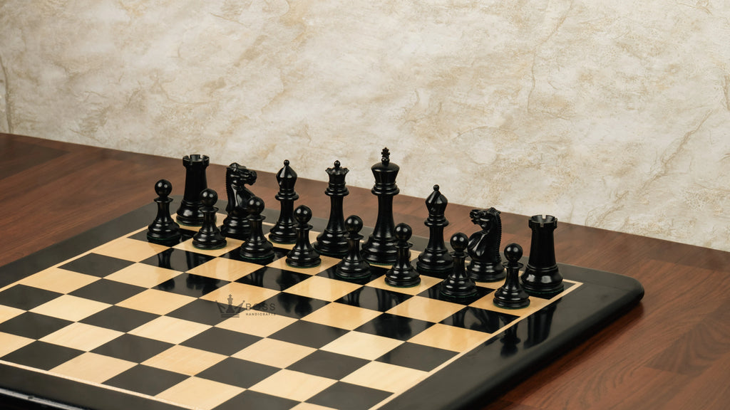 4.2” COMMEMORATE SERIES STAUNTON EBONY TRIPLE WEIGHTED CHESS PIECES, 21” EBONY CHESSBOARD & BOX