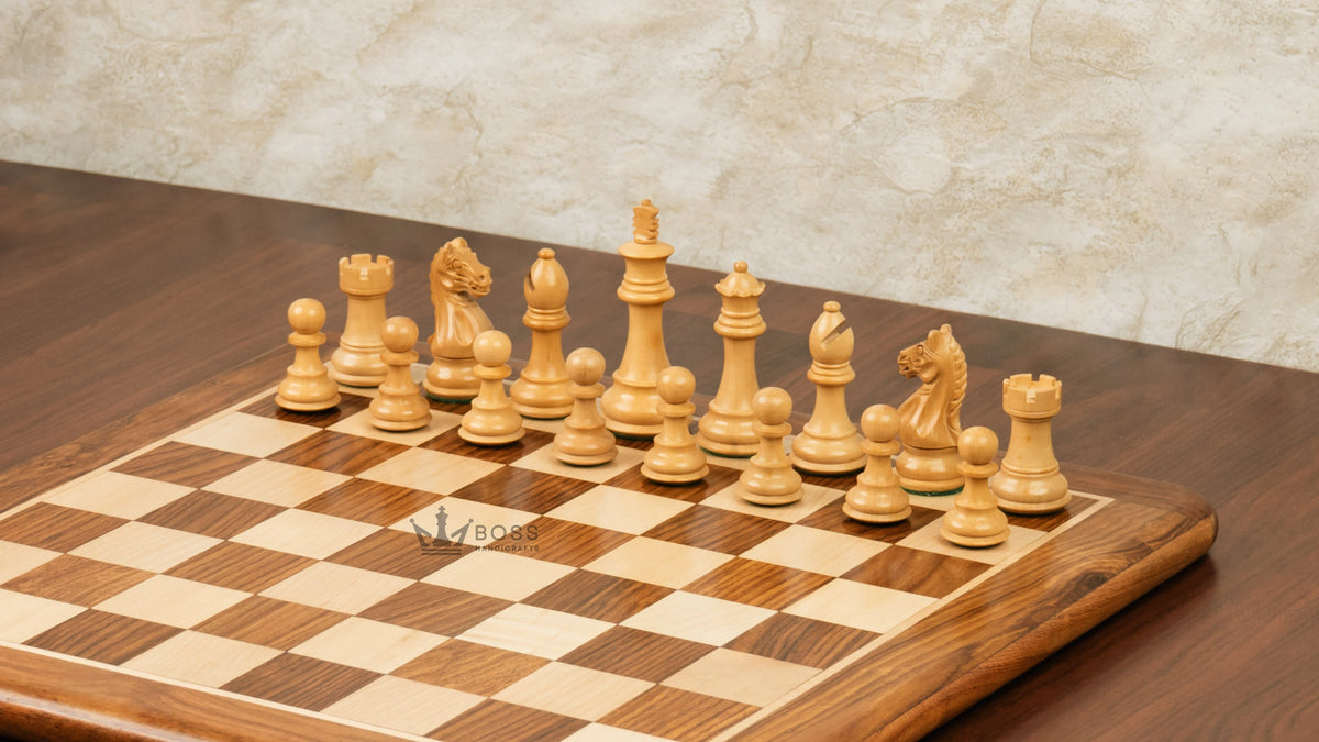 3.5” FIERCE KNIGHT STAUNTON WEIGHTED WOODEN CHESS PIECES, 16” WOODEN CHESS & BOX