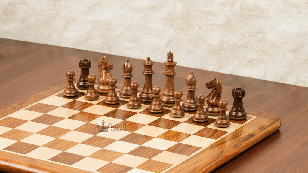 3.5” FIERCE KNIGHT STAUNTON WEIGHTED WOODEN CHESS PIECES, 16” WOODEN CHESS & BOX