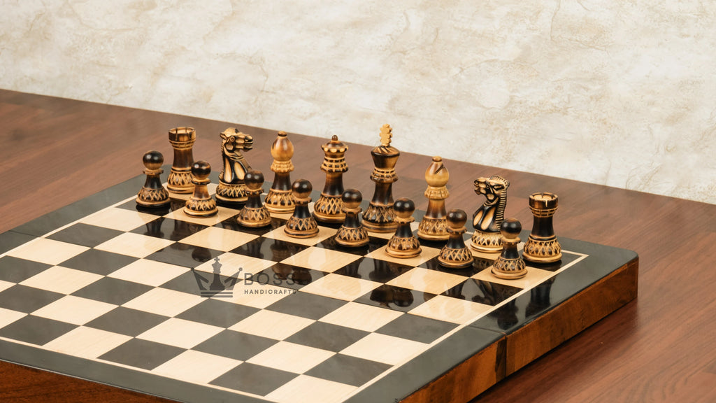 16” LUXURY EBONY TRAVEL FOLDABLE MAGNETIC CHESS SET WITH BURNT CHESS PIECES