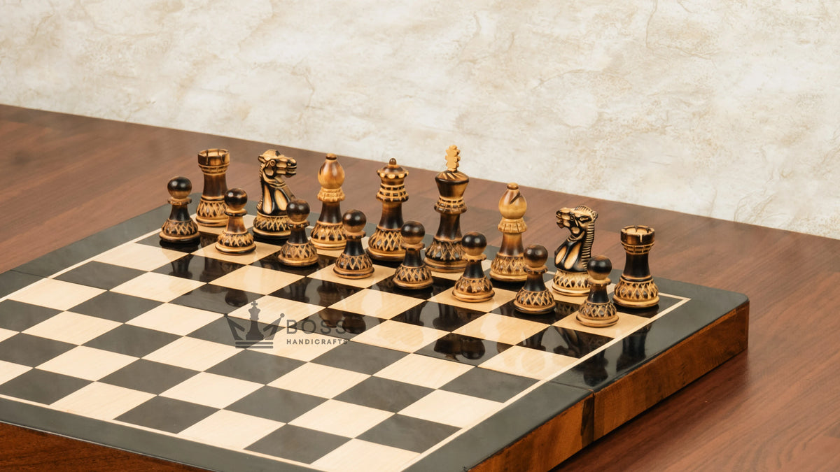 16” LUXURY EBONY TRAVEL FOLDABLE MAGNETIC CHESS SET WITH BURNT CHESS PIECES