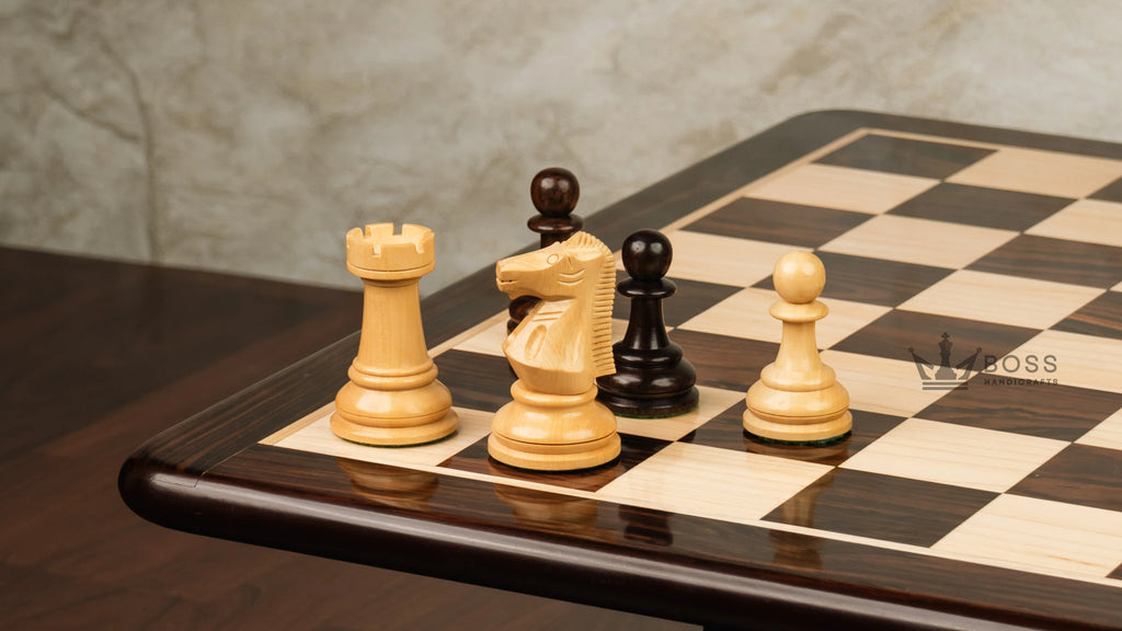 4.4” 1972 SKOPJE OLYMPIAD TRIPLE WEIGHTED ROSEWOOD CHESS PIECES, 21” ROSEWOOD CHESSBOARD & BOX