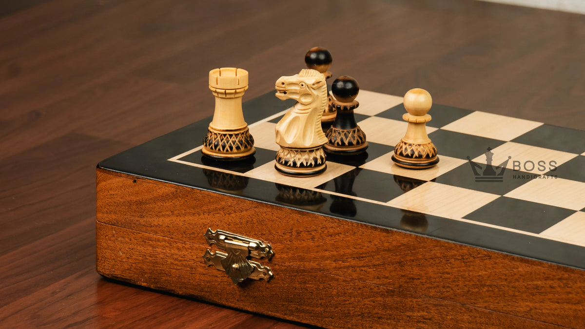 16” LUXURY EBONY TRAVEL FOLDABLE MAGNETIC CHESS SET WITH BURNT CHESS PIECES