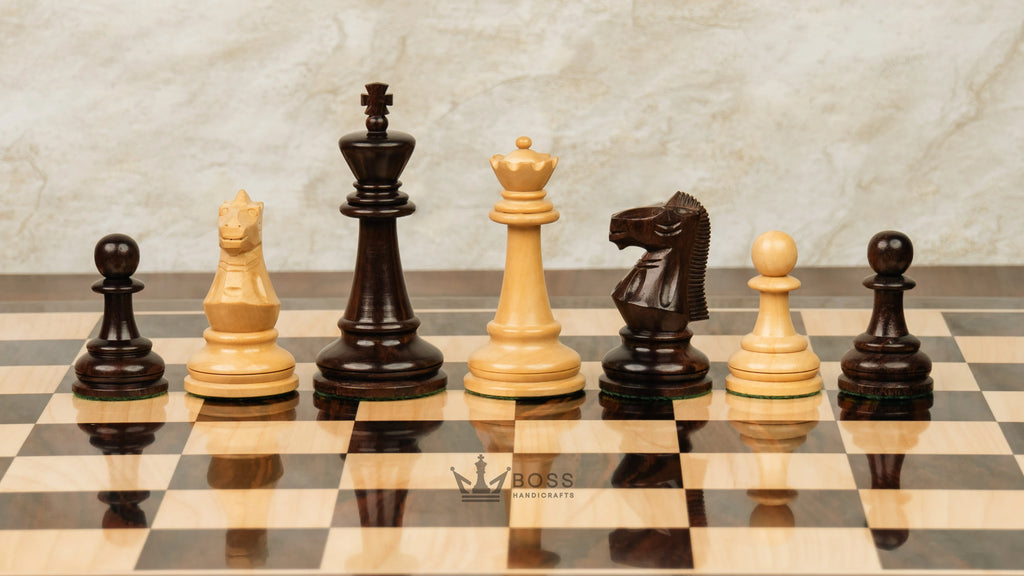 4.4” 1972 SKOPJE OLYMPIAD TRIPLE WEIGHTED ROSEWOOD CHESS PIECES, 21” ROSEWOOD CHESSBOARD & BOX