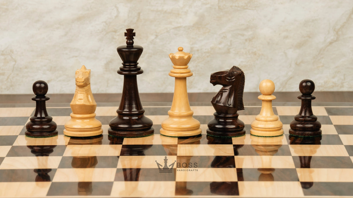 4.4” 1972 SKOPJE OLYMPIAD TRIPLE WEIGHTED ROSEWOOD CHESS PIECES, 21” ROSEWOOD CHESSBOARD & BOX