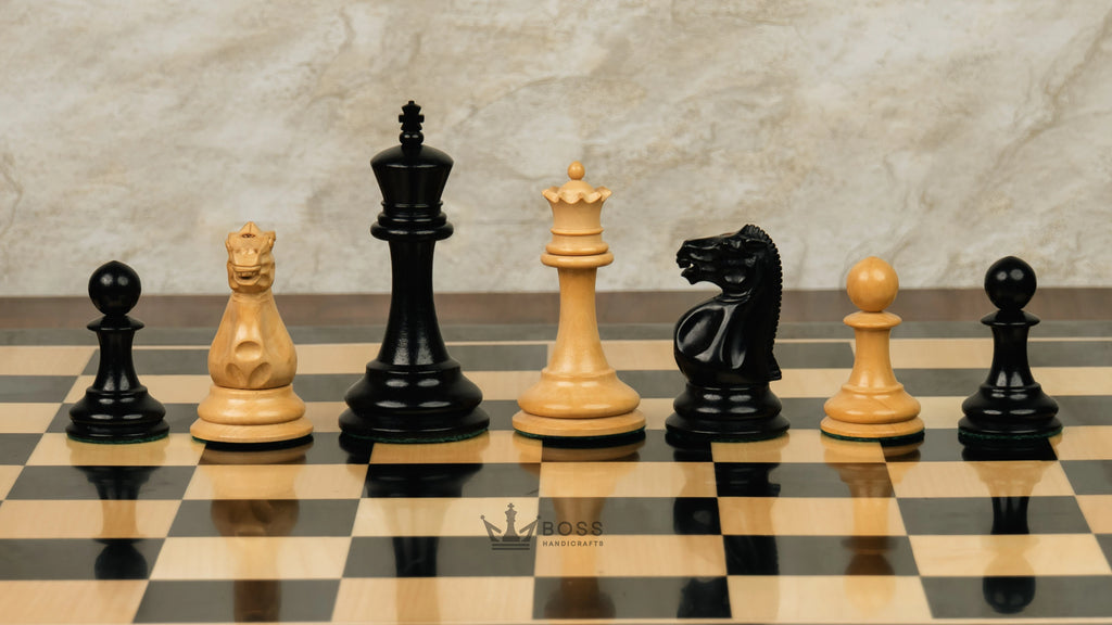 4.2” COMMEMORATE SERIES STAUNTON EBONY TRIPLE WEIGHTED CHESS PIECES, 21” EBONY CHESSBOARD & BOX