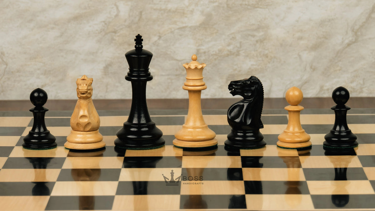 4.2” COMMEMORATE SERIES STAUNTON EBONY TRIPLE WEIGHTED CHESS PIECES, 21” EBONY CHESSBOARD & BOX