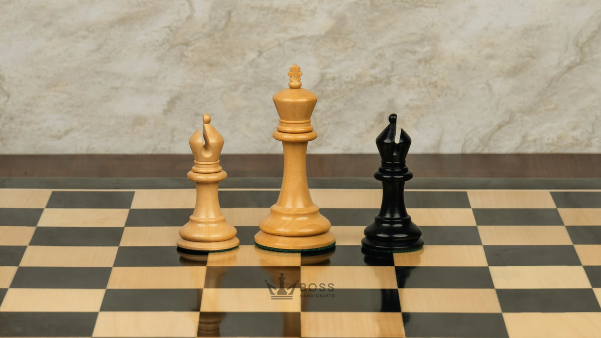 4.2” COMMEMORATE SERIES STAUNTON EBONY TRIPLE WEIGHTED CHESS PIECES, 21” EBONY CHESSBOARD & BOX