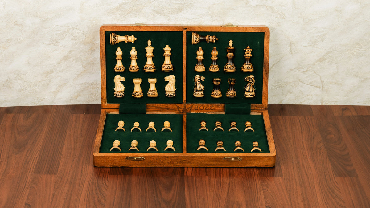 16” LUXURY EBONY TRAVEL FOLDABLE MAGNETIC CHESS SET WITH BURNT CHESS PIECES