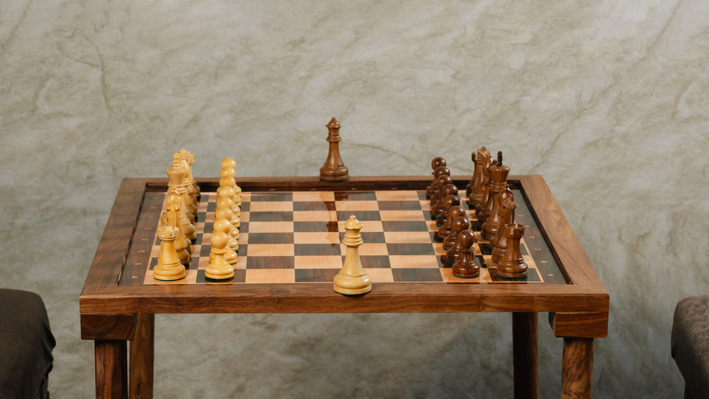 3.9” LAUGHING KNIGHT STAUNTON CHESS PIECES & 21” GOLDEN ROSEWOOD PRINTED CHESSBOARD PORTABLE TABLE 55mm Square size