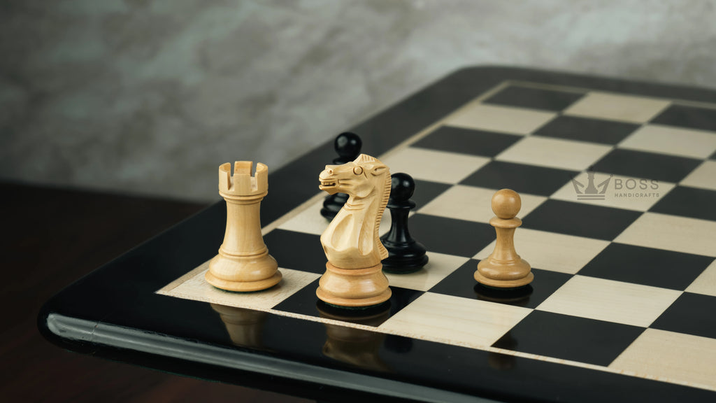 3.9” ROYAL KNIGHT STAUNTON EBONISED WEIGHTED CHESS PIECES WITH 21” EBONY WOOD BOARD & STORAGE BOX