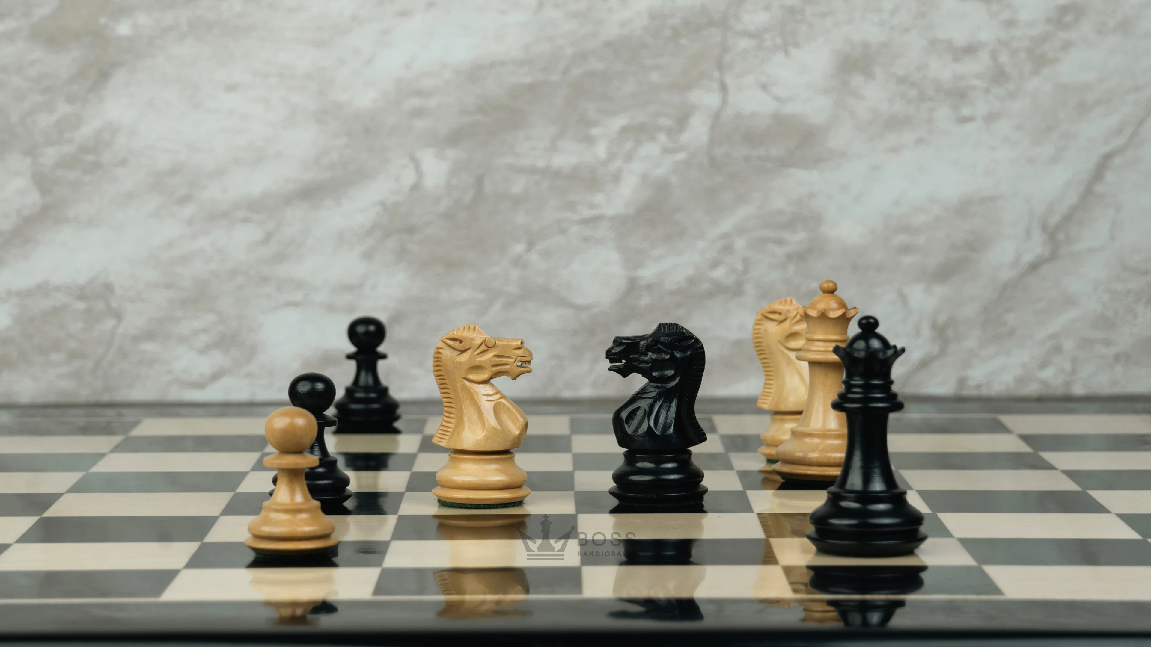 3” PRO ROYAL KNIGHT STAUNTON EBONISED WEIGHTED CHESS PIECES, 17” EBONY STYLE CHESSBOARD & STORAGE BOX