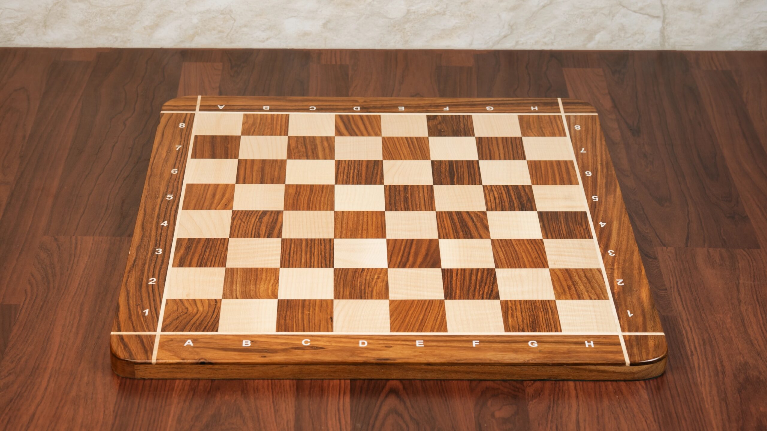 21” GOLDEN ROSEWOOD & MAPLE WOOD CHESS BOARD CROSS WITH NOTATION - 55mm SQUARE