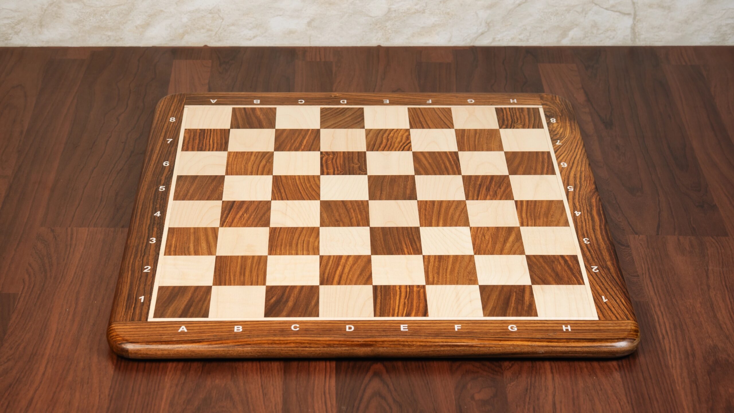 19” GOLDEN ROSEWOOD & MAPLE WOOD CHESSBOARD WITH NOTATION - 50mm squares