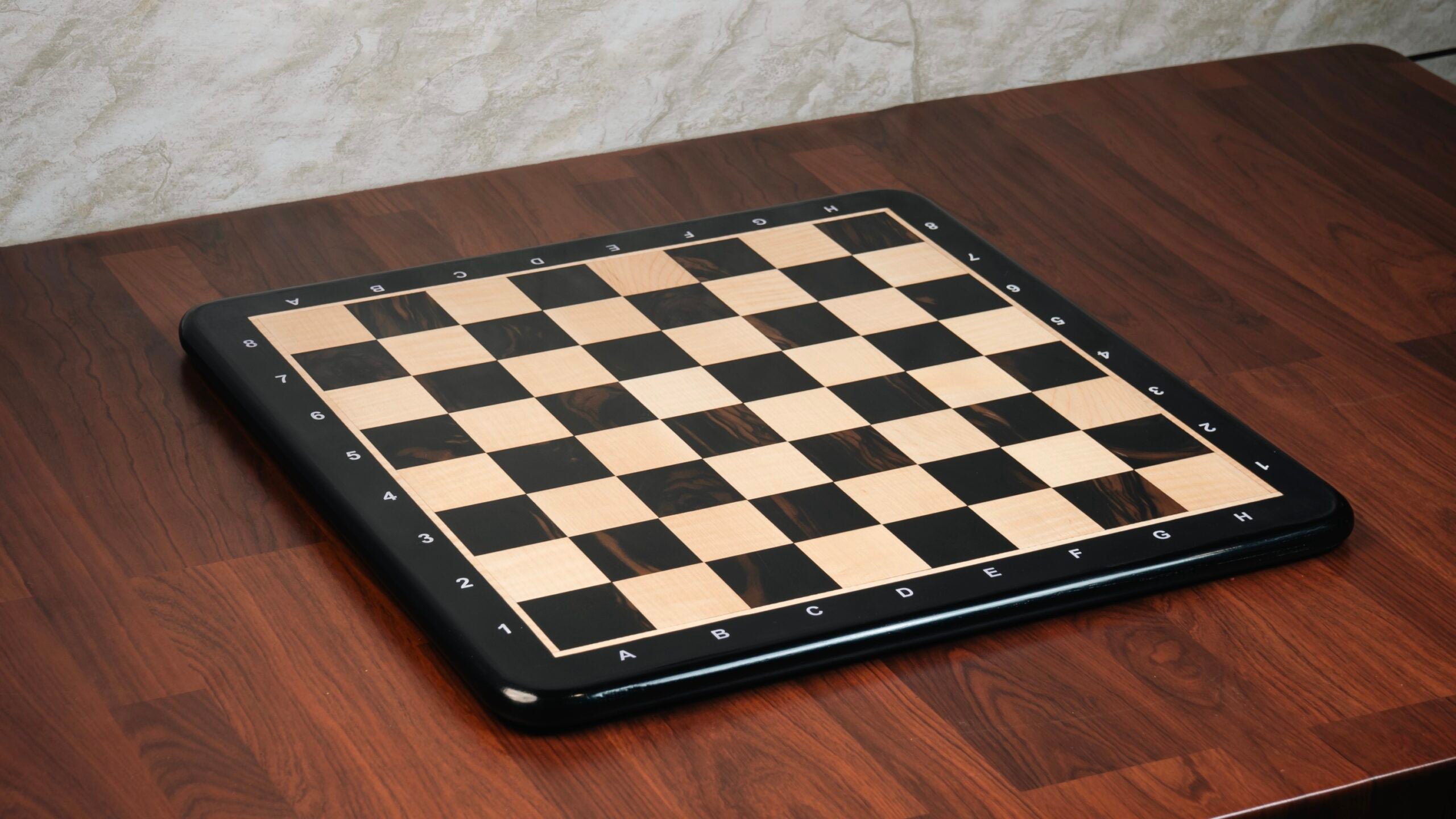 21” EBONY & MAPLE WOOD CHESSBOARD WITH NOTATIONS- 55mm SQUARE