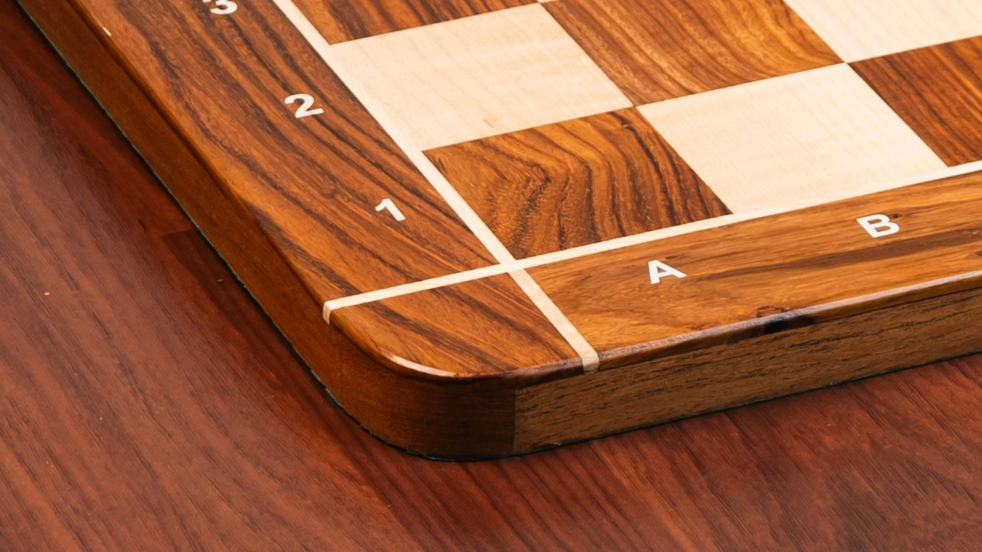 21” GOLDEN ROSEWOOD & MAPLE WOOD CHESS BOARD CROSS WITH NOTATION - 55mm SQUARE