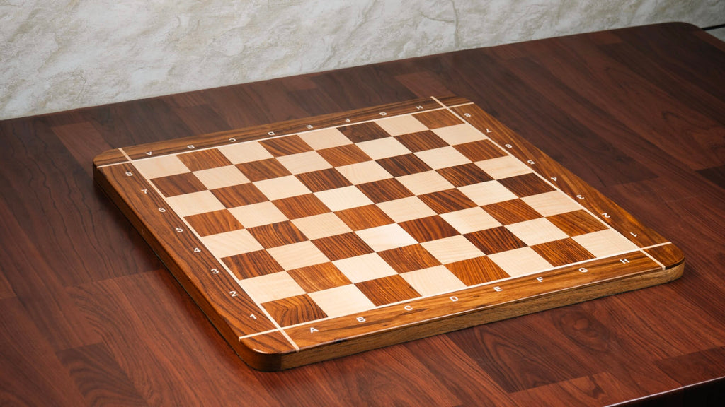 23” GOLDEN ROSEWOOD & MAPLE WOOD CHESS BOARD CROSS WITH NOTATION - 60mm SQUARE