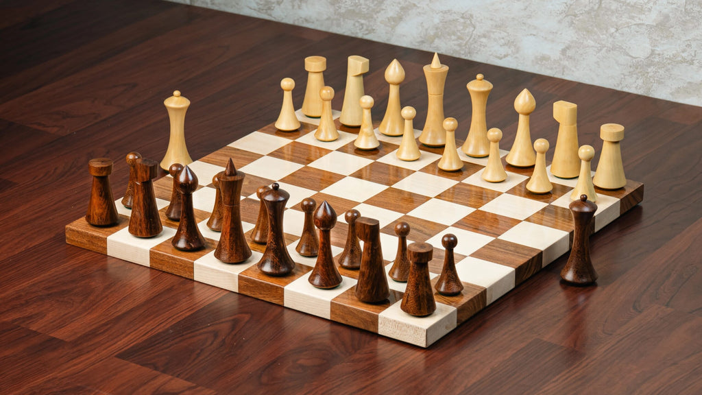 4” HERMAN OHME MINIMALIST WEIGHTED CHESS PIECES, 16” BORDERLESS WOODEN CHESSBOARD & STORAGE BOX