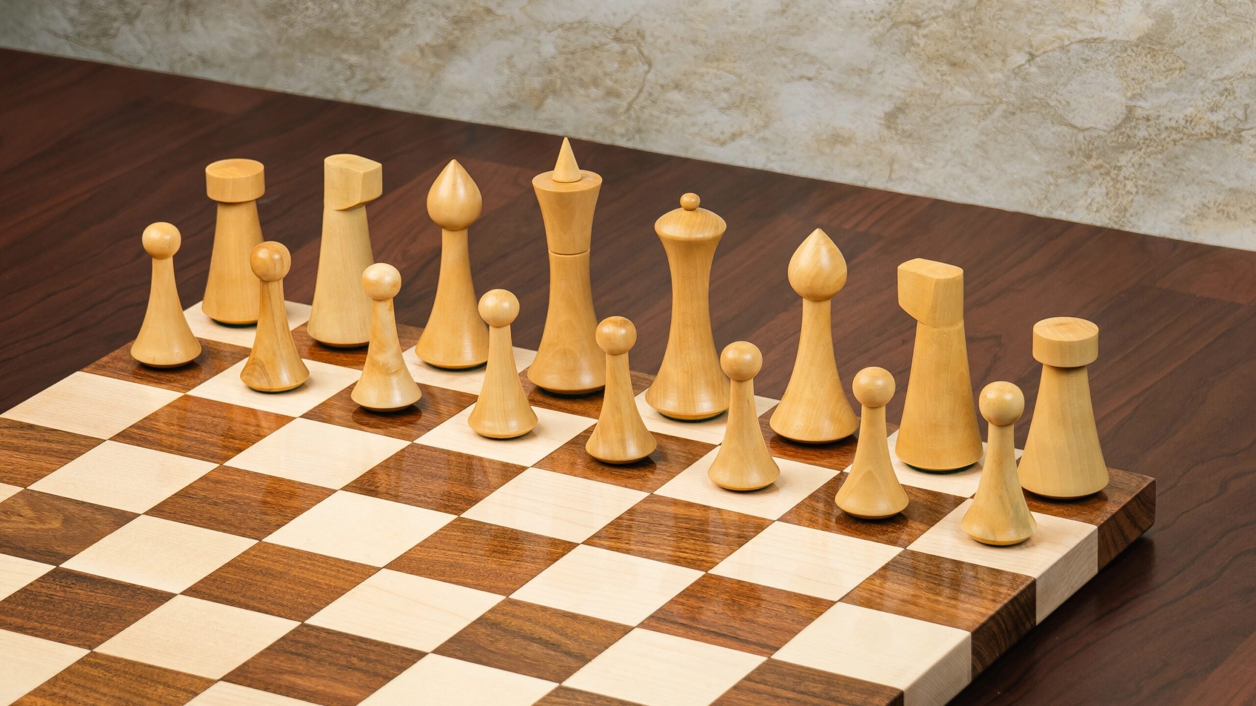 4” HERMAN OHME MINIMALIST WEIGHTED CHESS PIECES, 16” BORDERLESS WOODEN CHESSBOARD & STORAGE BOX