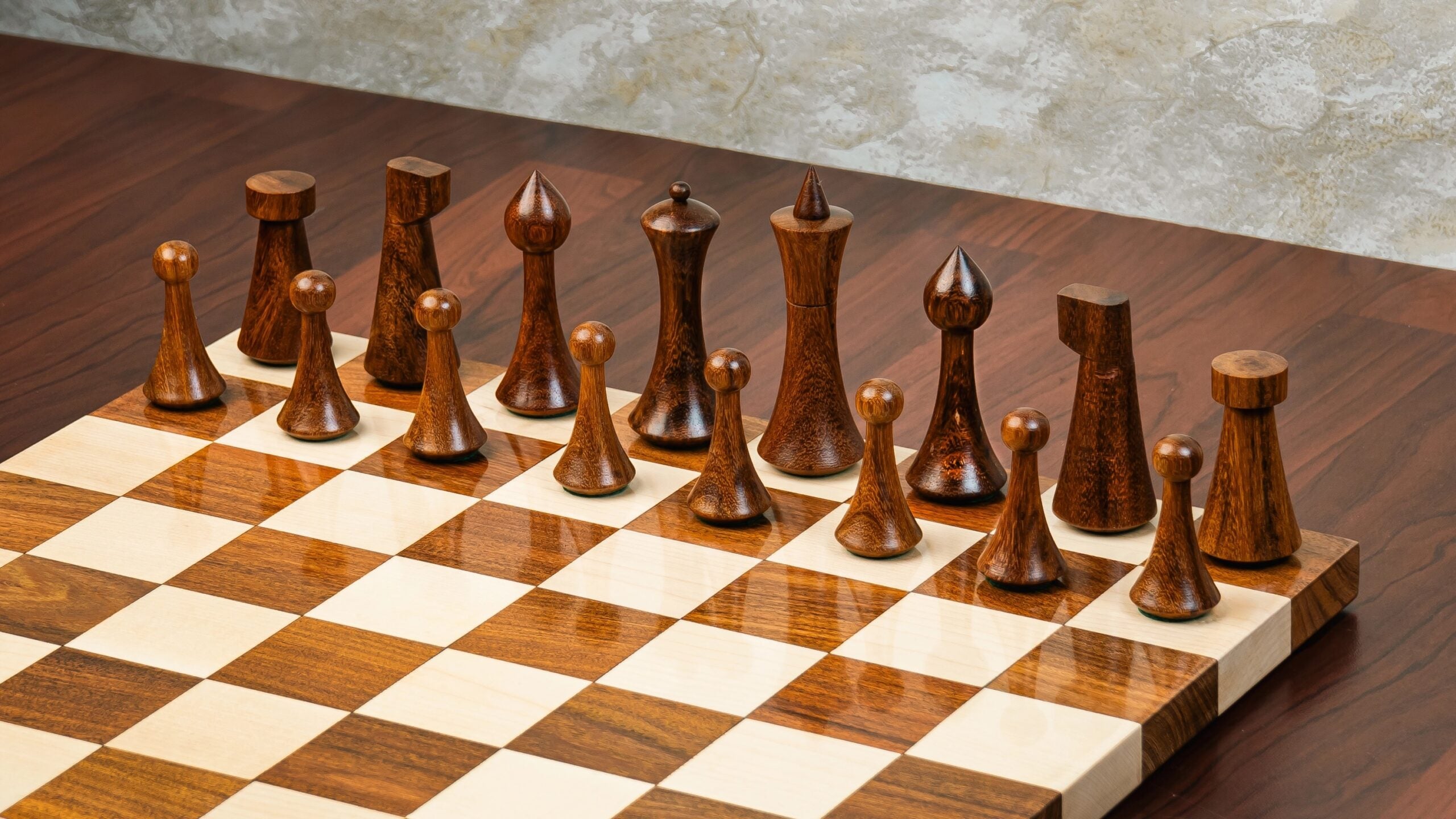 4” HERMAN OHME MINIMALIST WEIGHTED CHESS PIECES, 16” BORDERLESS WOODEN CHESSBOARD & STORAGE BOX