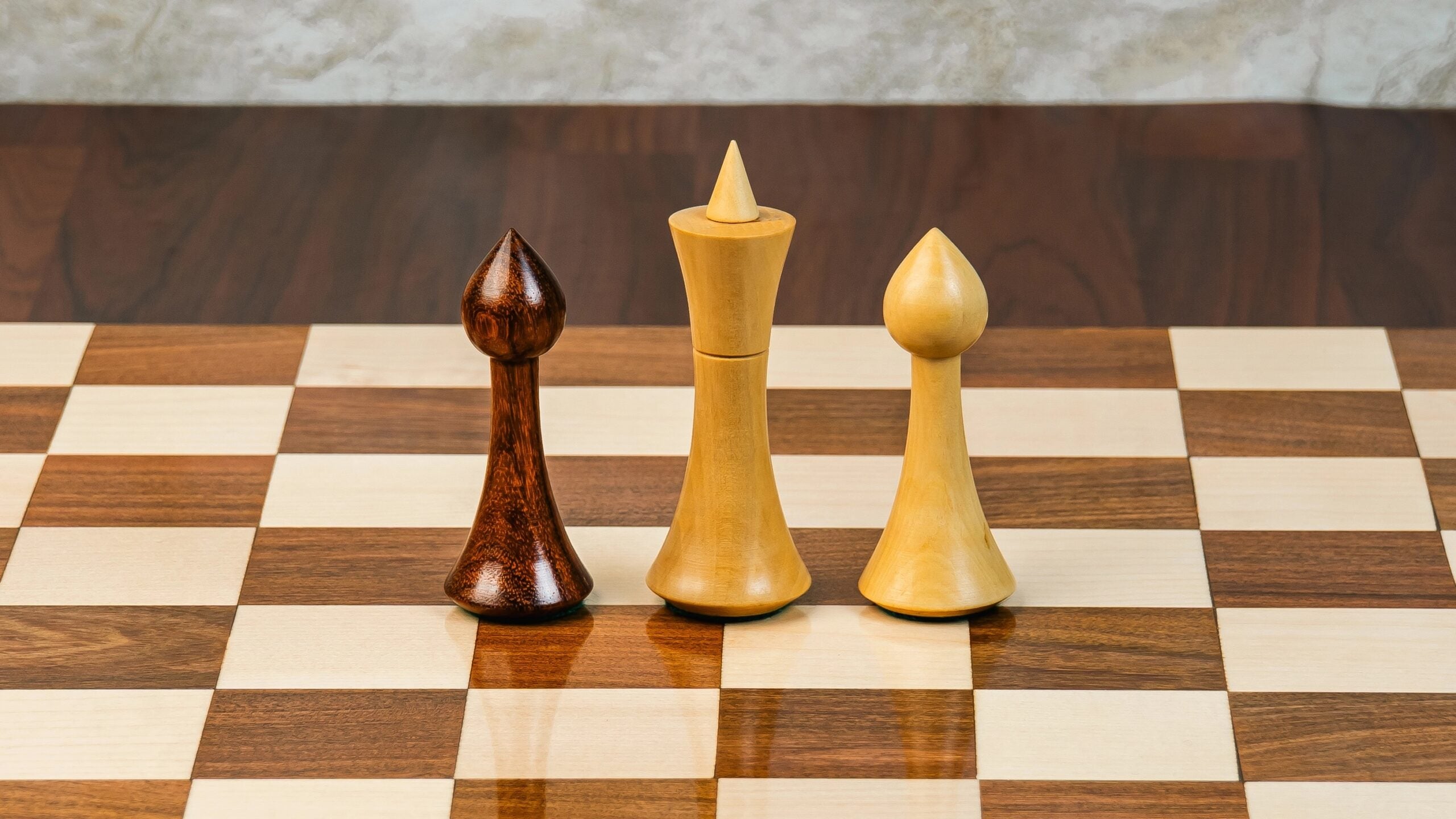 4” HERMAN OHME MINIMALIST WEIGHTED CHESS PIECES, 16” BORDERLESS WOODEN CHESSBOARD & STORAGE BOX