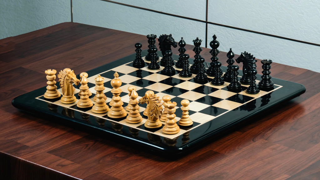 4.4” ARTHUR KNIGHT LUXURY STAUNTON EBONY CHESS PIECES WITH 21” EBONY CHESSBOARD & STORAGE BOX