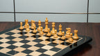 3.75” THE FISCHER SPASSKY 1972 SERIES EBONISED DOUBLE WEIGHTED CHESS PIECES, 21” EBONY BOARD & BOX