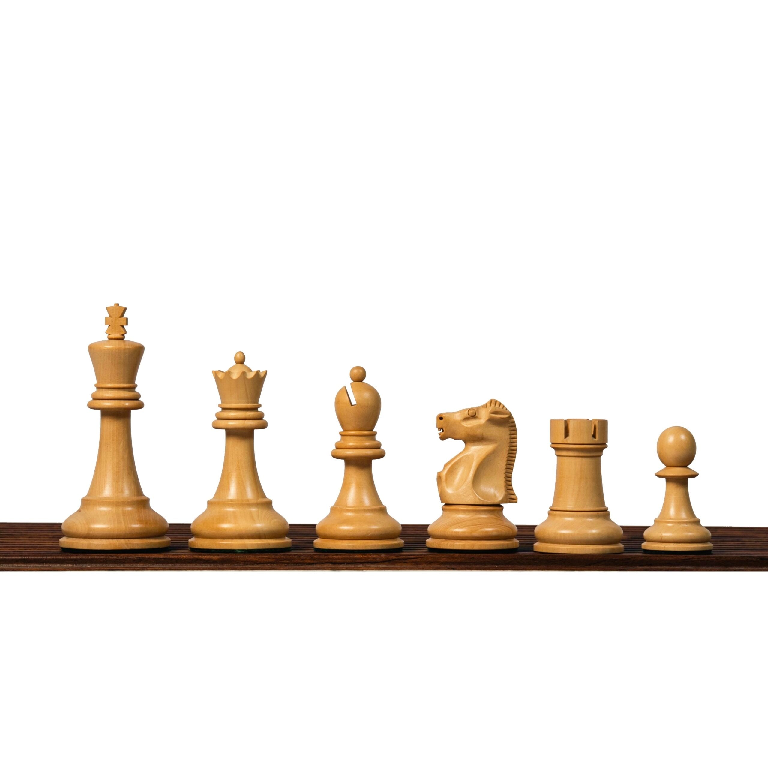 3.75” THE FISCHER SPASSKY 1972 SERIES EBONISED DOUBLE WEIGHTED CHESS PIECES, 21” EBONY BOARD & BOX