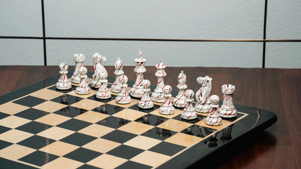 4.1” PAINTED ROYAL KNIGHT STAUNTON TRIPLE WEIGHTED CHESS PIECES, 21” EBONY BOARD & BOX