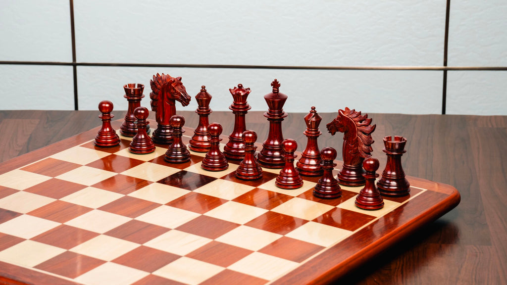 4.5” FLARE KNIGHT LUXURY STAUNTON PADAUK TRIPLE WEIGHTED CHESS PIECES WITH 21”  PADAUK CHESSBOARD & STORAGE BOX
