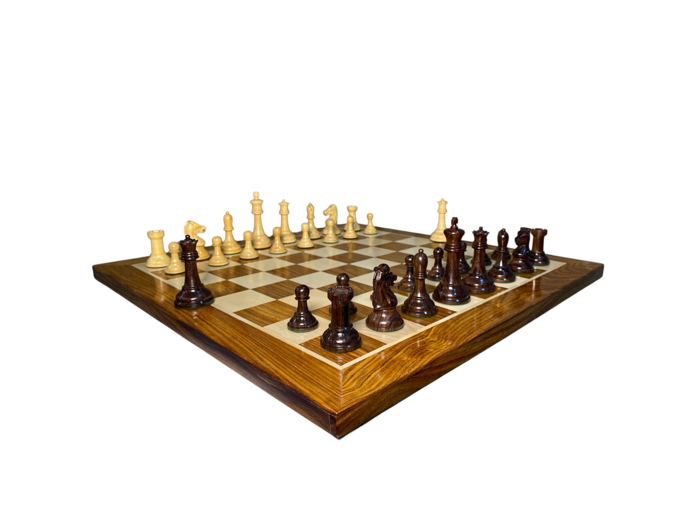 3.75” REPRODUCTION OF DRUEKE PLAYER CHOICE ROSEWOOD CHESS PIECES, 21” GOLDEN ROSEWOOD BOARD AND CHESS BOX