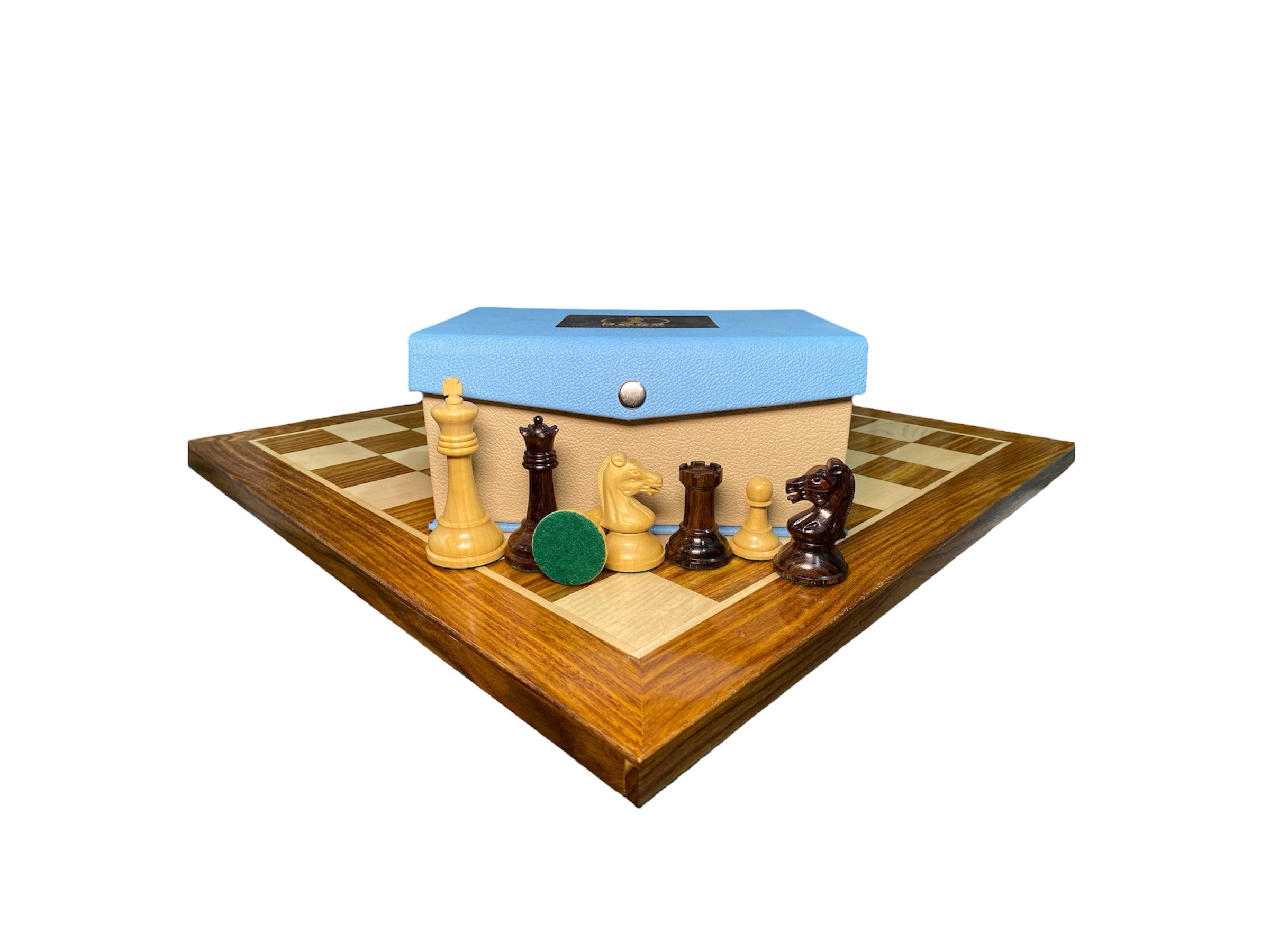 3.75” REPRODUCTION OF DRUEKE PLAYER CHOICE ROSEWOOD CHESS PIECES, 21” GOLDEN ROSEWOOD BOARD AND CHESS BOX